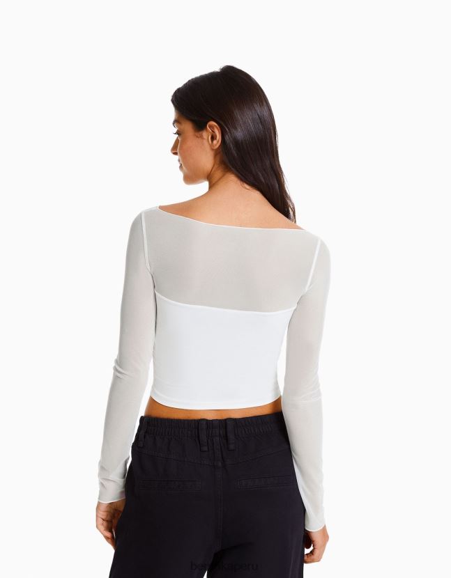 blanco Bershka mujer camiseta cropped de manga larga con tejido en contraste 806J6B498