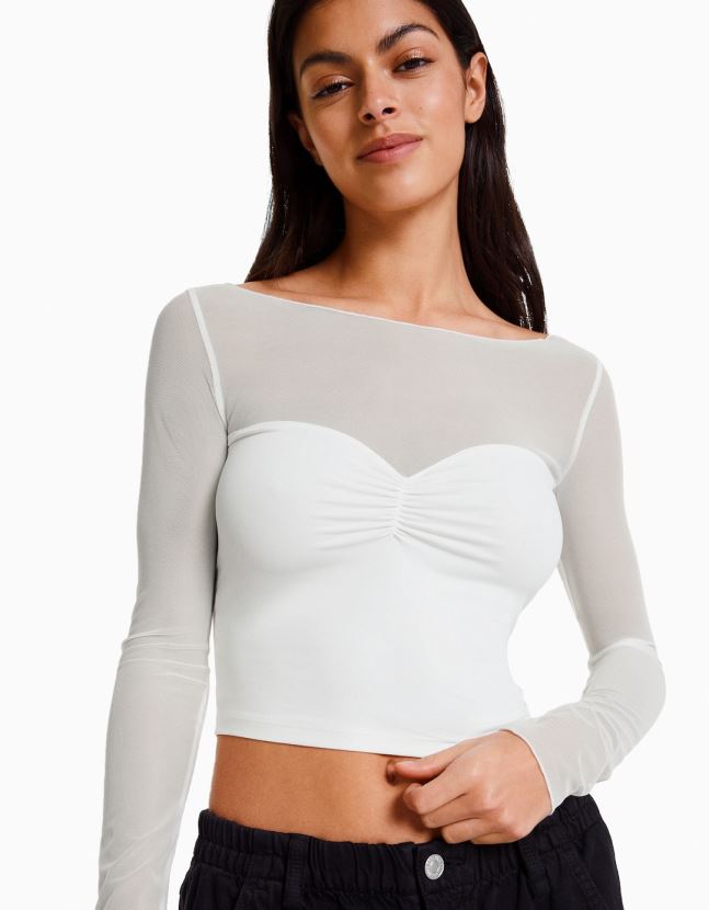 blanco Bershka mujer camiseta cropped de manga larga con tejido en contraste 806J6B498