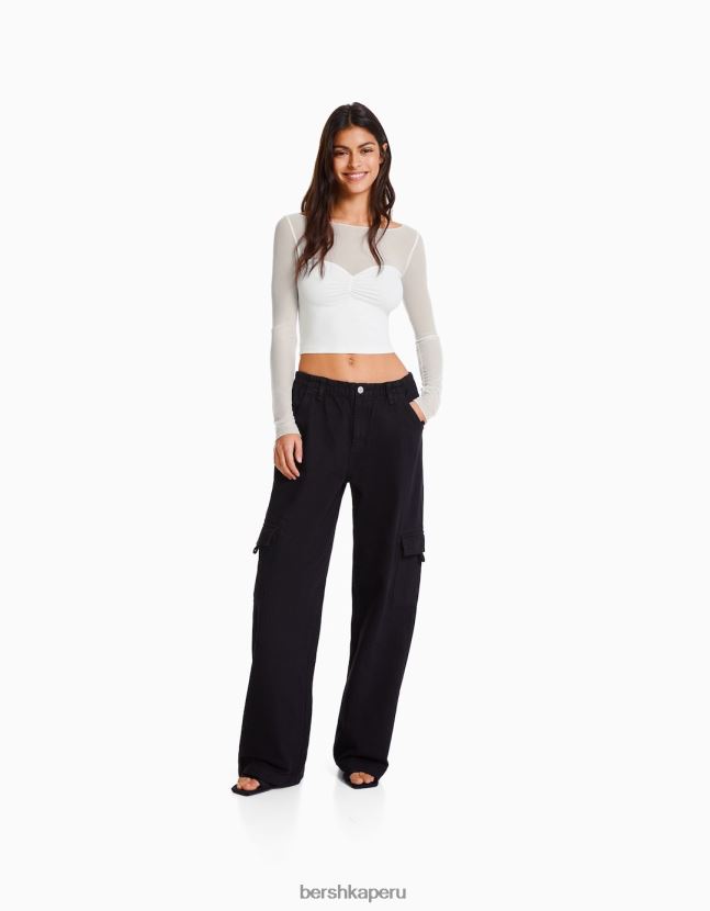 blanco Bershka mujer camiseta cropped de manga larga con tejido en contraste 806J6B498
