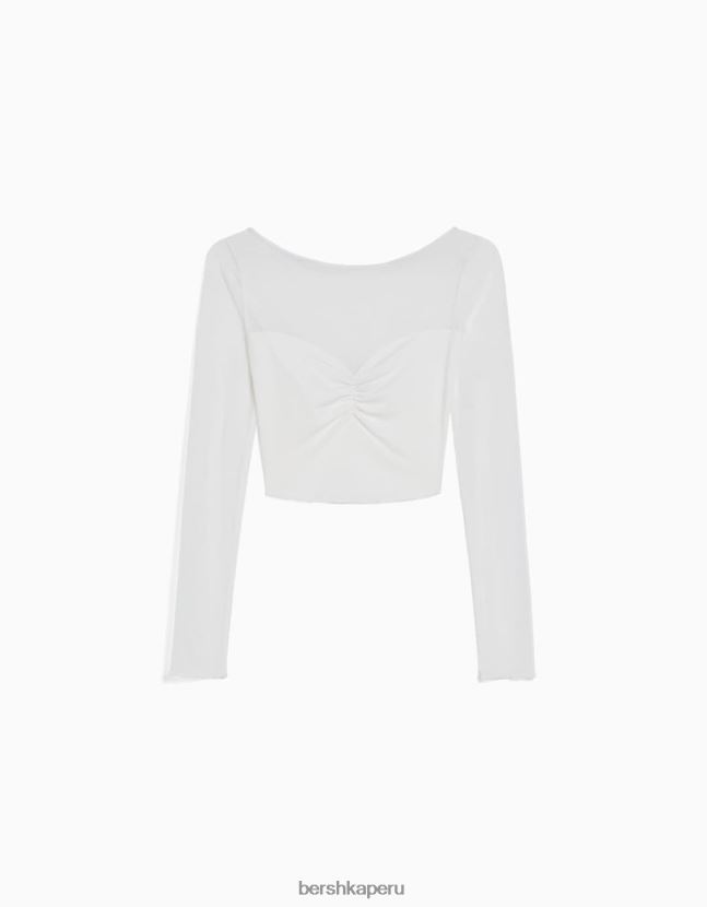 blanco Bershka mujer camiseta cropped de manga larga con tejido en contraste 806J6B498