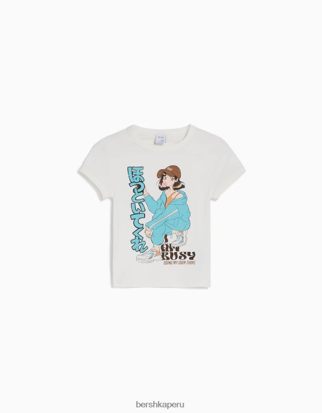 blanco Bershka mujer camiseta de manga corta con estampado 806J6B296