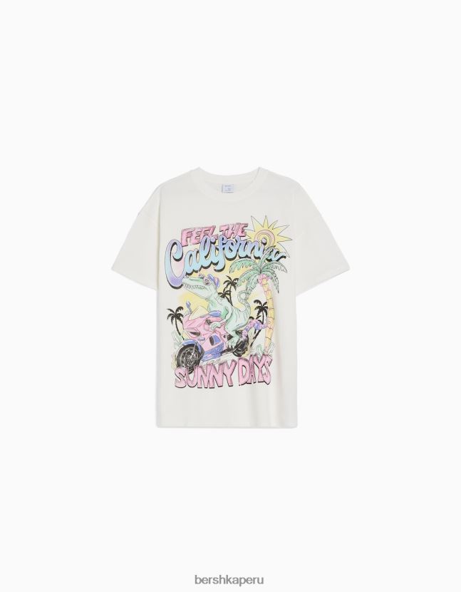 blanco Bershka mujer camiseta de manga corta con estampado 806J6B328