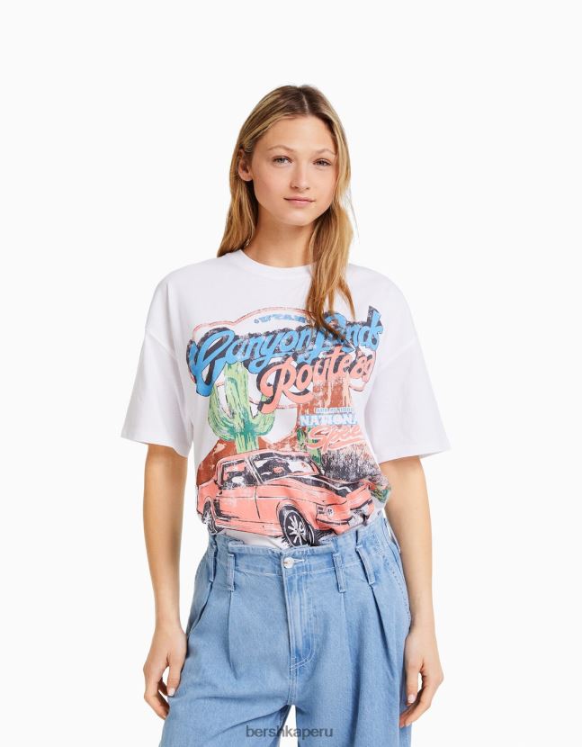 blanco Bershka mujer camiseta de manga corta con estampado 806J6B442