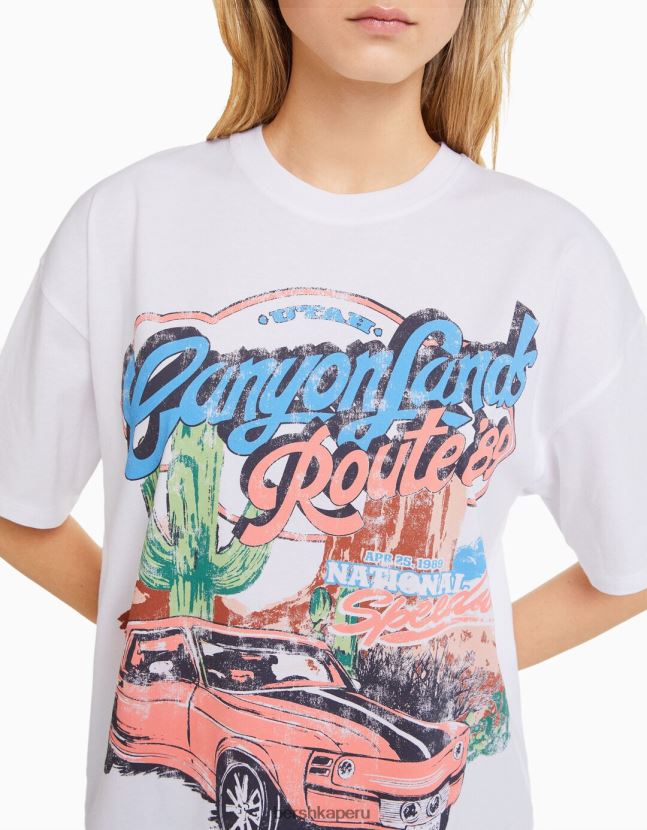 blanco Bershka mujer camiseta de manga corta con estampado 806J6B442