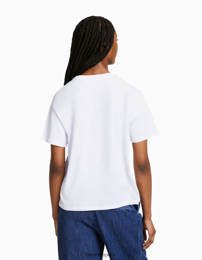 blanco Bershka mujer camiseta de manga corta con estampado 806J6B543