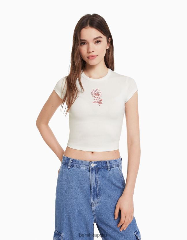 blanco Bershka mujer camiseta de manga corta con estampado 806J6B595