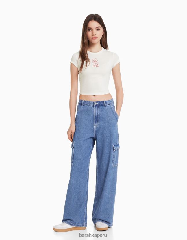 blanco Bershka mujer camiseta de manga corta con estampado 806J6B595