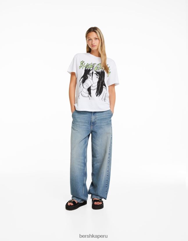 blanco Bershka mujer camiseta de manga corta con estampado de billie eilish 806J6B477