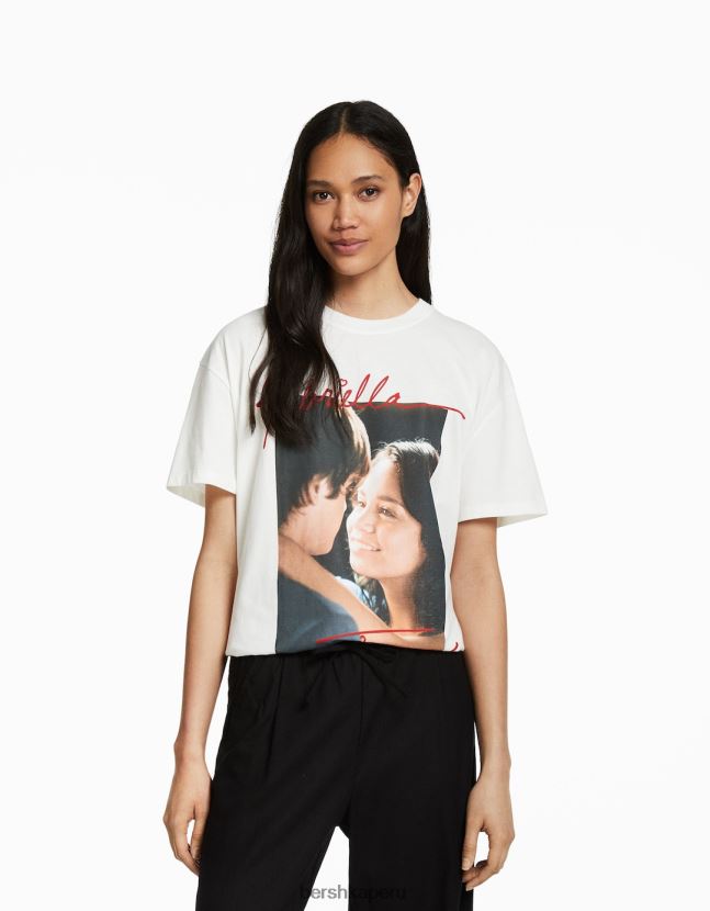blanco Bershka mujer camiseta de manga corta con estampado musical de secundaria 806J6B485