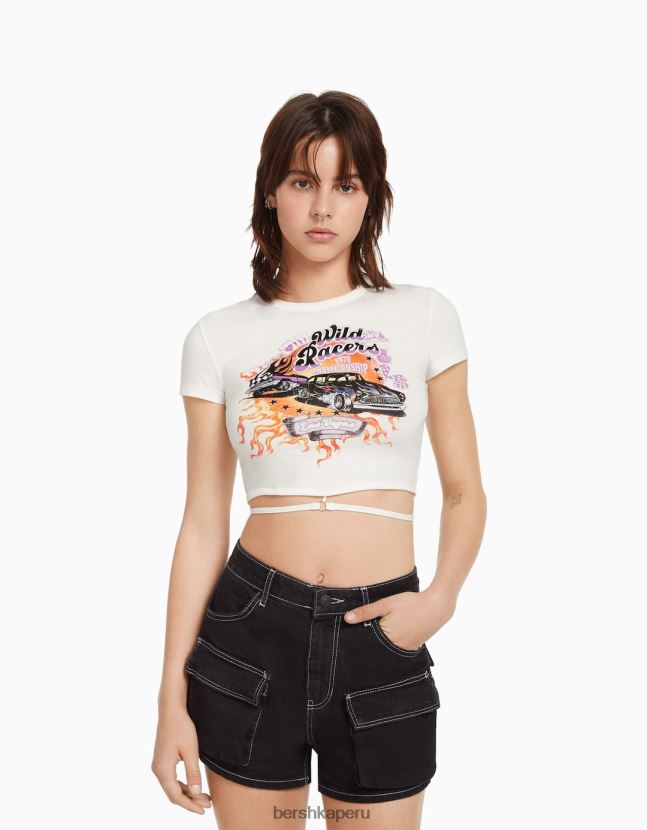 blanco Bershka mujer camiseta de manga corta estampada con anillo y corbata 806J6B603