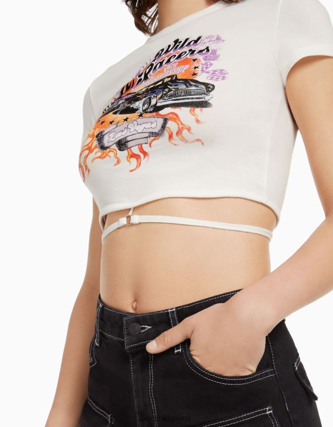 blanco Bershka mujer camiseta de manga corta estampada con anillo y corbata 806J6B603