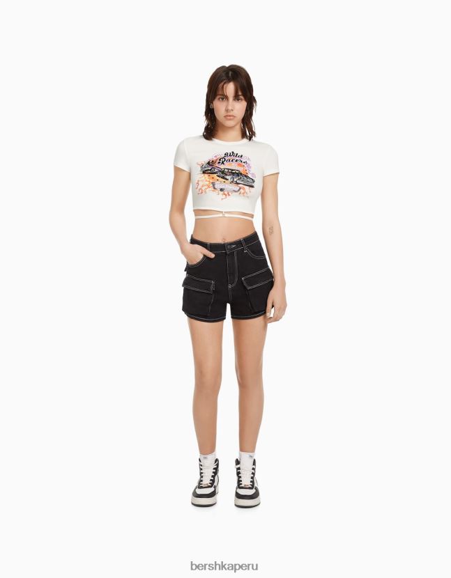 blanco Bershka mujer camiseta de manga corta estampada con anillo y corbata 806J6B603