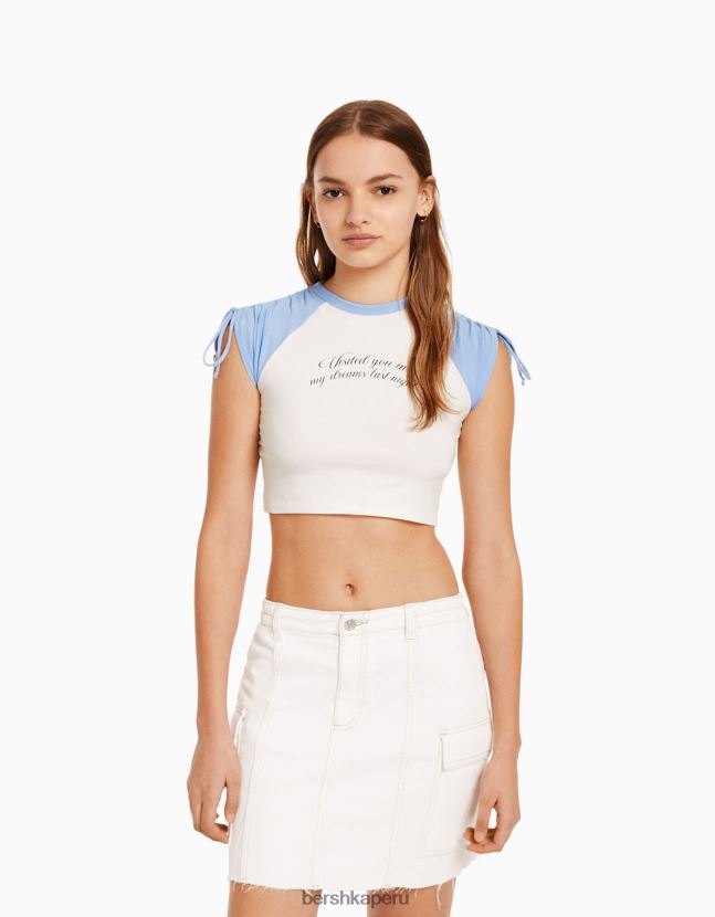 blanco Bershka mujer camiseta de manga corta estampada con frunces 806J6B625