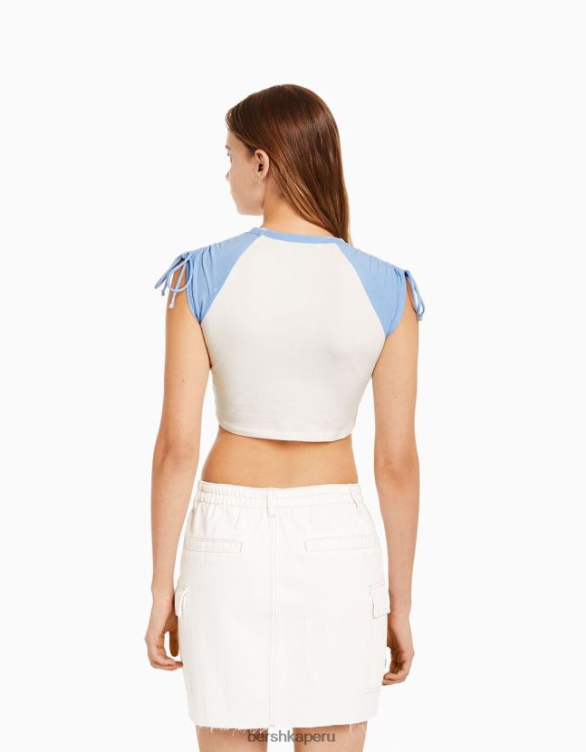 blanco Bershka mujer camiseta de manga corta estampada con frunces 806J6B625