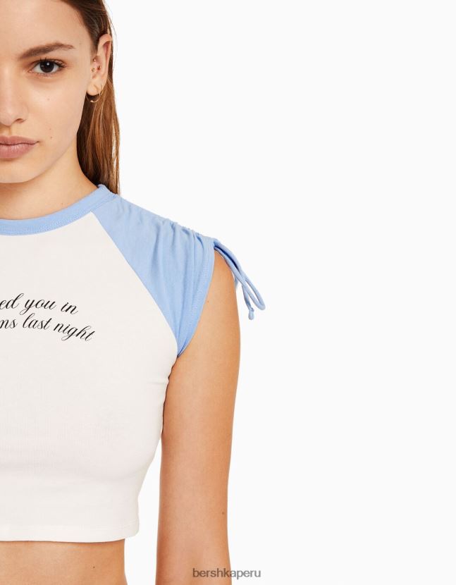 blanco Bershka mujer camiseta de manga corta estampada con frunces 806J6B625