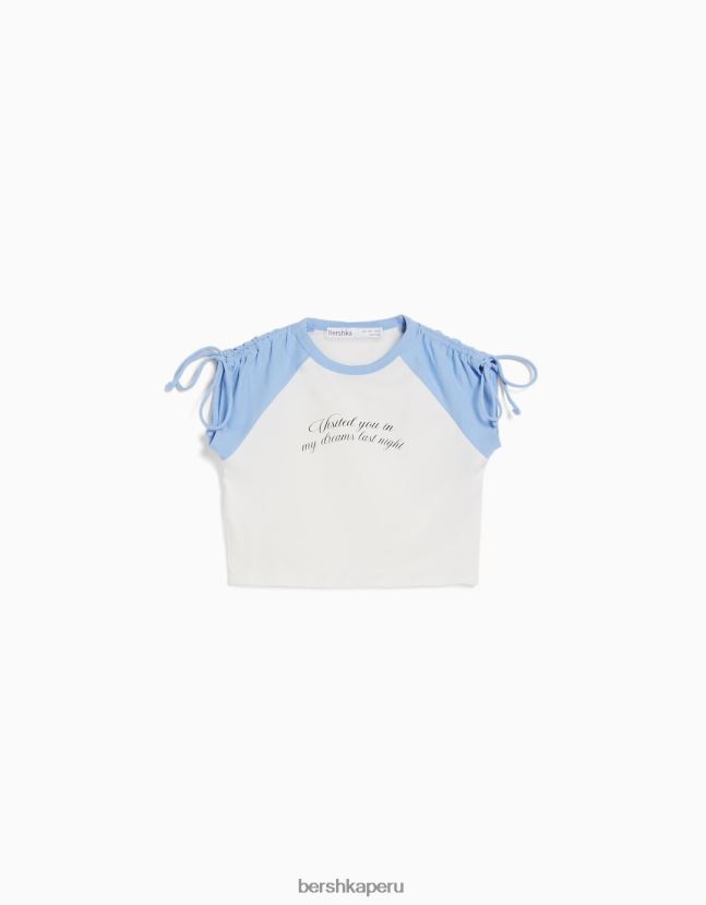 blanco Bershka mujer camiseta de manga corta estampada con frunces 806J6B625