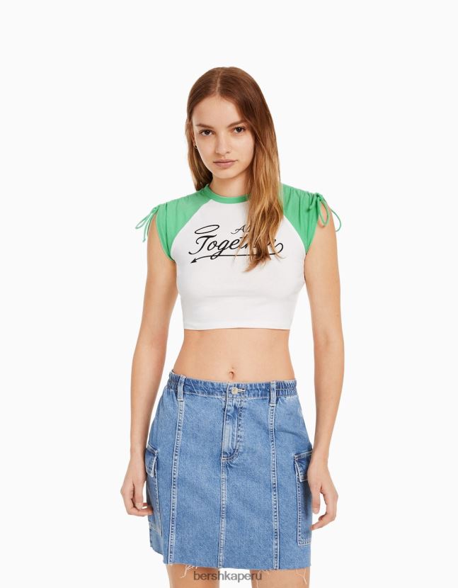 blanco Bershka mujer camiseta de manga corta estampada con frunces 806J6B626