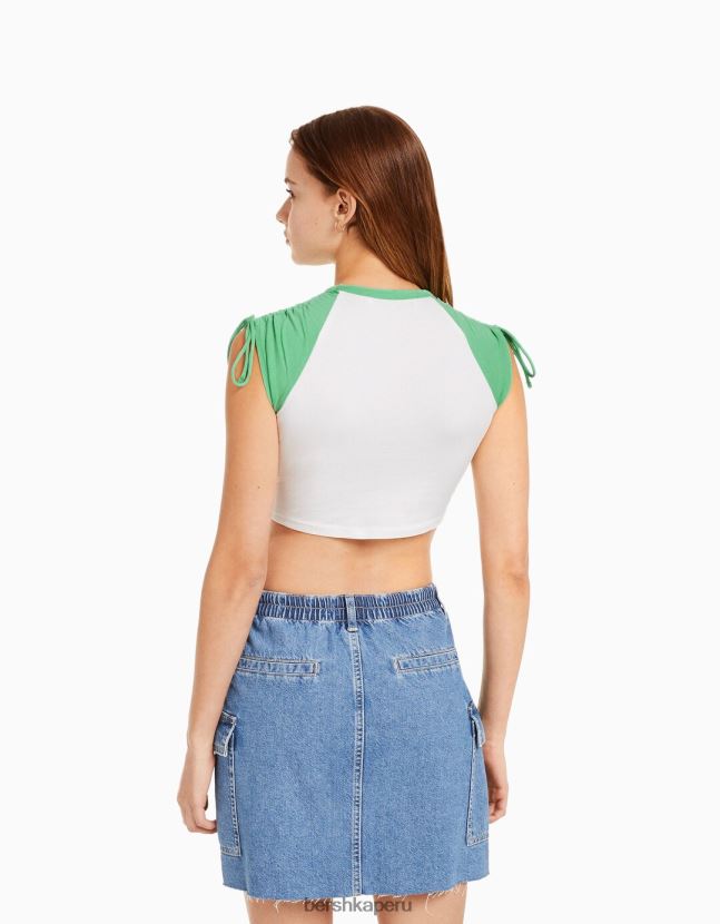 blanco Bershka mujer camiseta de manga corta estampada con frunces 806J6B626