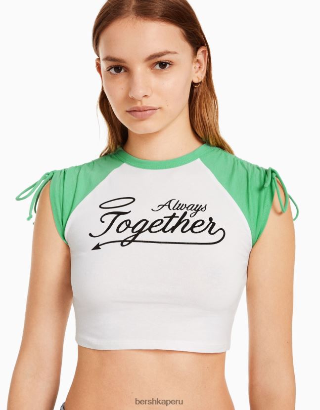 blanco Bershka mujer camiseta de manga corta estampada con frunces 806J6B626