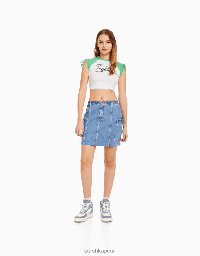 blanco Bershka mujer camiseta de manga corta estampada con frunces 806J6B626