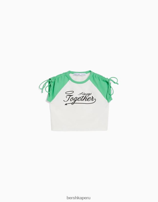blanco Bershka mujer camiseta de manga corta estampada con frunces 806J6B626