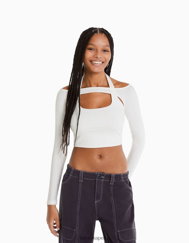 blanco Bershka mujer camiseta de manga larga con detalle de cuello 806J6B538
