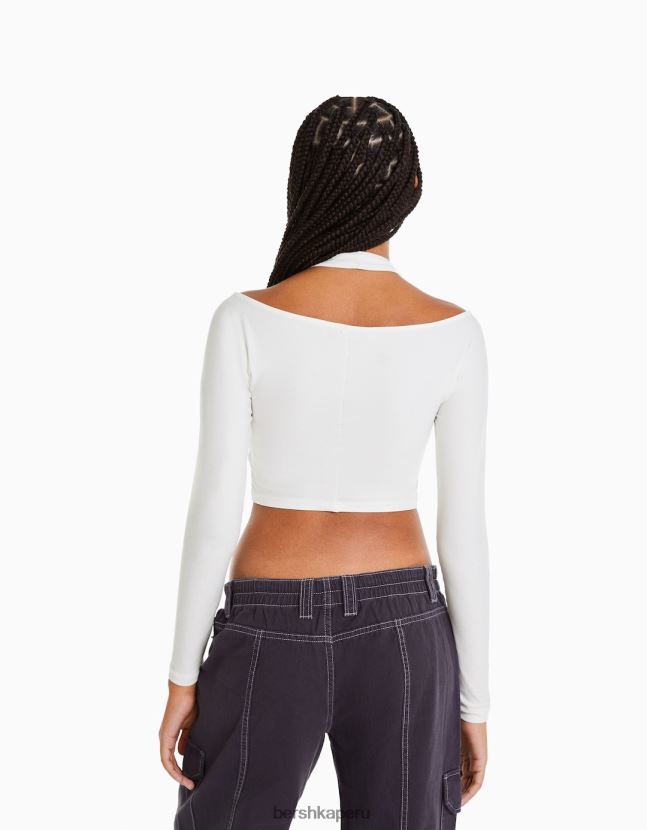 blanco Bershka mujer camiseta de manga larga con detalle de cuello 806J6B538