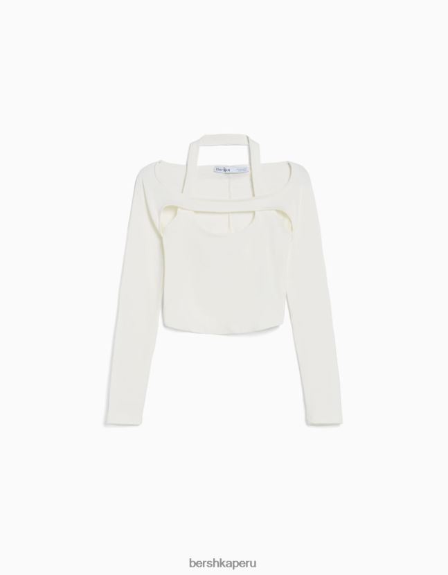 blanco Bershka mujer camiseta de manga larga con detalle de cuello 806J6B538