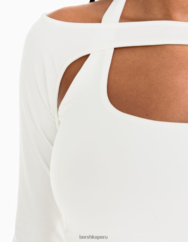 blanco Bershka mujer camiseta de manga larga con detalle de cuello 806J6B538