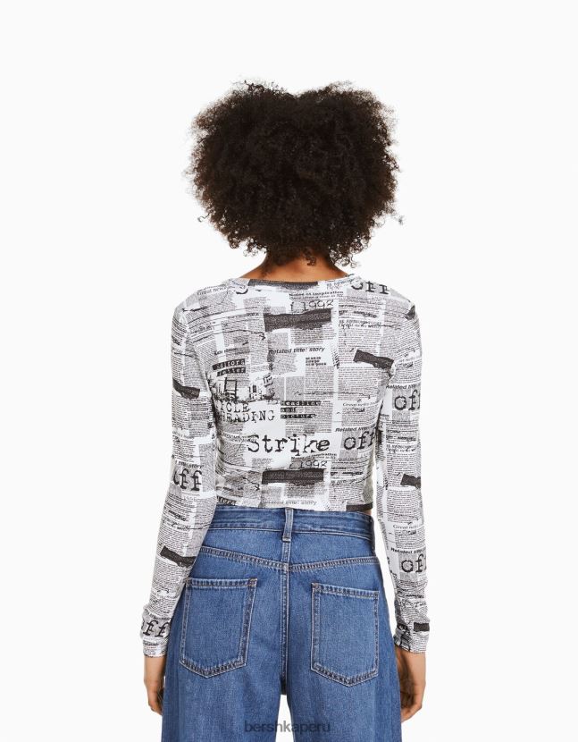 blanco Bershka mujer camiseta de manga larga con estampado 806J6B614