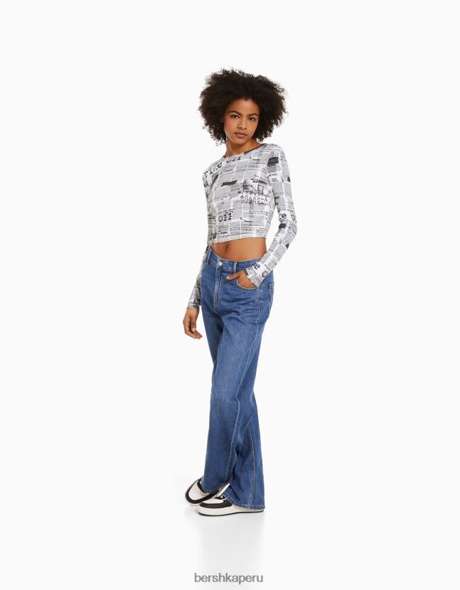 blanco Bershka mujer camiseta de manga larga con estampado 806J6B614