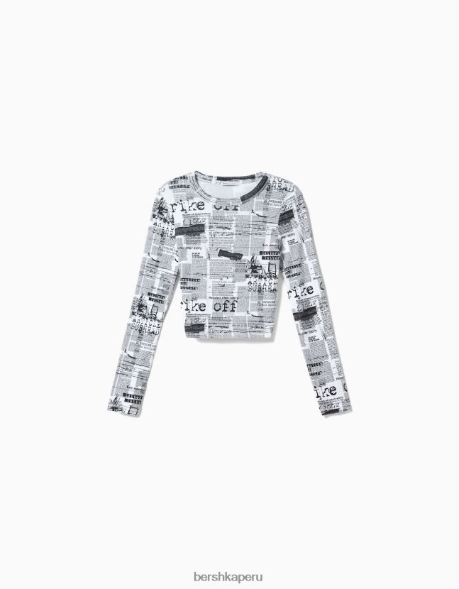 blanco Bershka mujer camiseta de manga larga con estampado 806J6B614