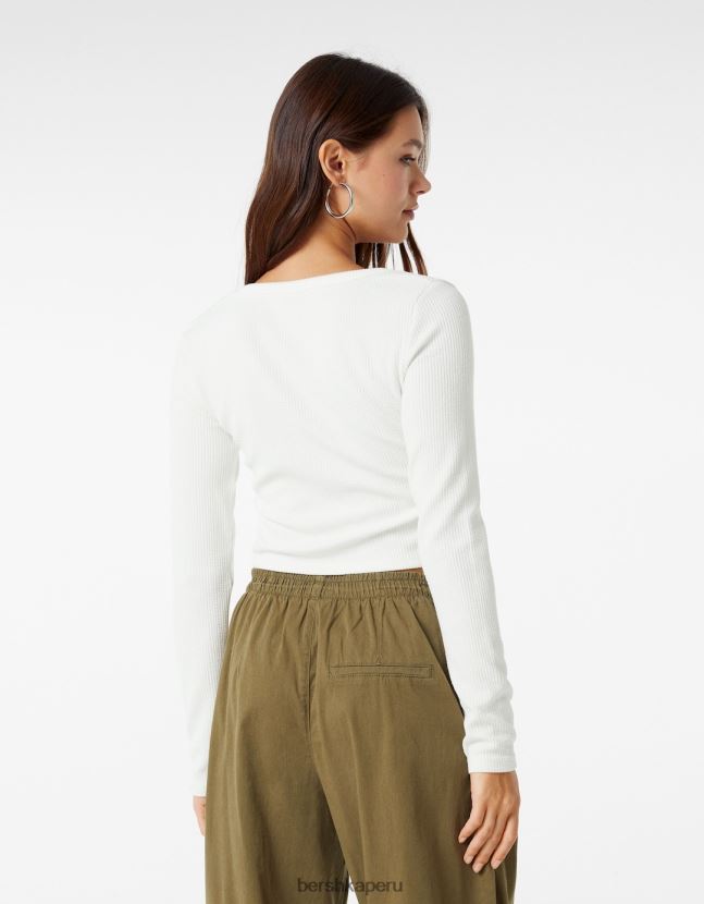 blanco Bershka mujer camiseta de manga larga con textura de canalé 806J6B590