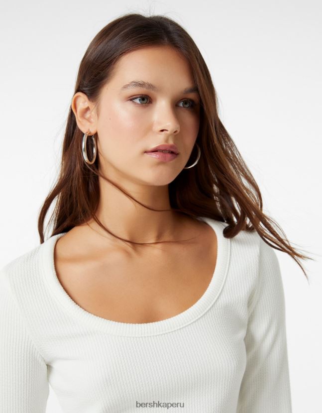 blanco Bershka mujer camiseta de manga larga con textura de canalé 806J6B590