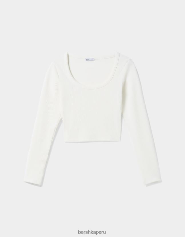 blanco Bershka mujer camiseta de manga larga con textura de canalé 806J6B590