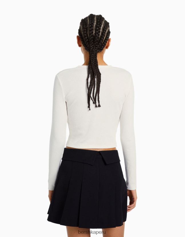 blanco Bershka mujer camiseta de manga larga de canalé 806J6B436