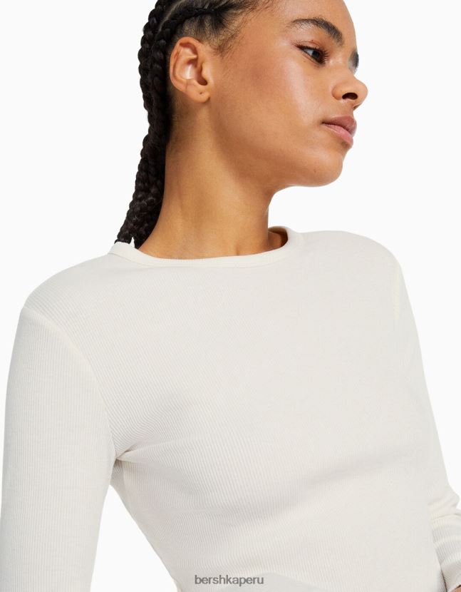 blanco Bershka mujer camiseta de manga larga de canalé 806J6B436