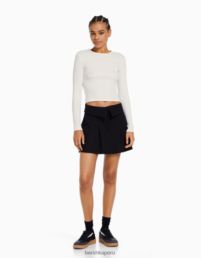 blanco Bershka mujer camiseta de manga larga de canalé 806J6B436