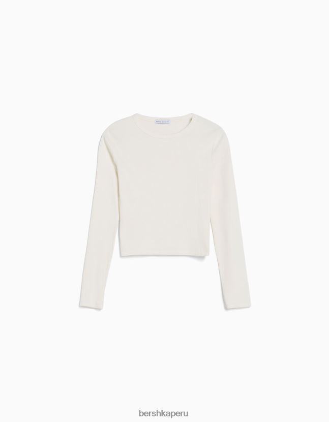 blanco Bershka mujer camiseta de manga larga de canalé 806J6B436
