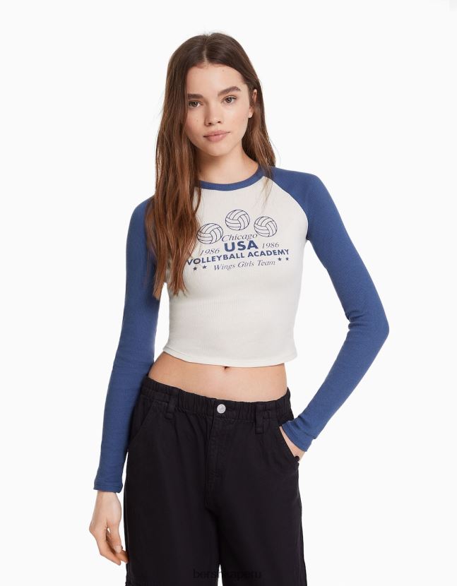 blanco Bershka mujer camiseta de manga larga estilo raglán 806J6B642