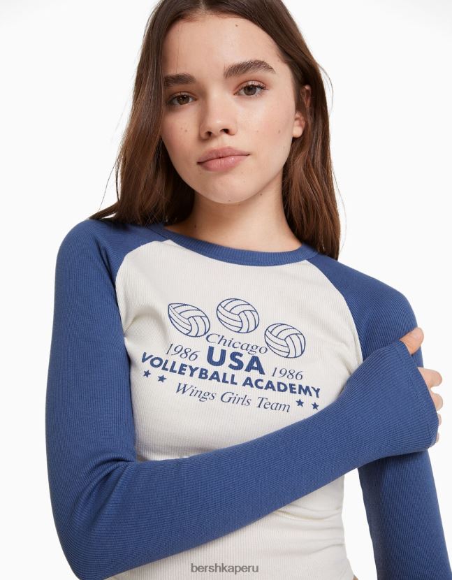 blanco Bershka mujer camiseta de manga larga estilo raglán 806J6B642