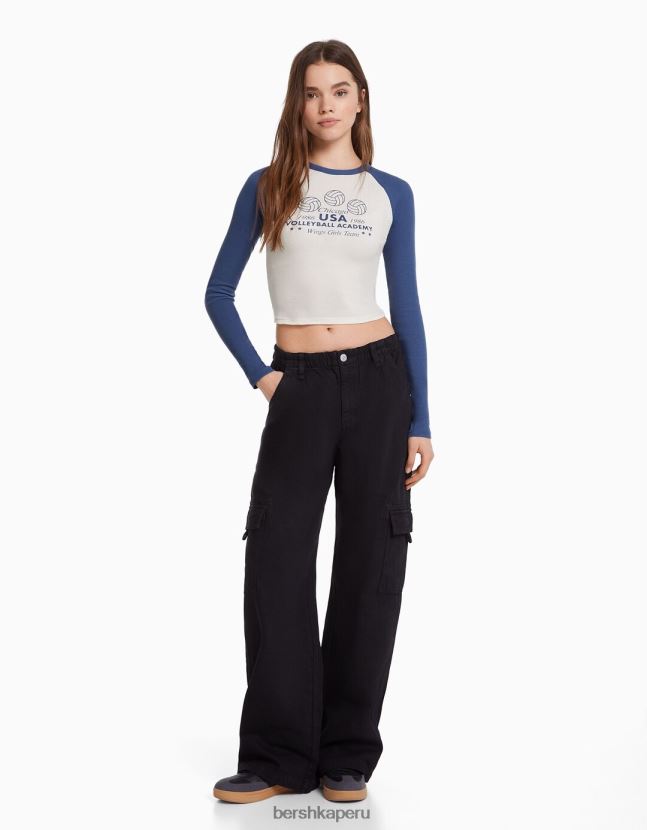 blanco Bershka mujer camiseta de manga larga estilo raglán 806J6B642