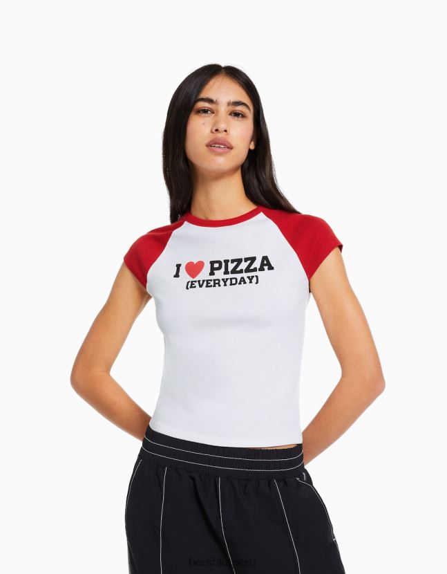 blanco Bershka mujer camiseta estampada con mangas raglán cortas 806J6B386