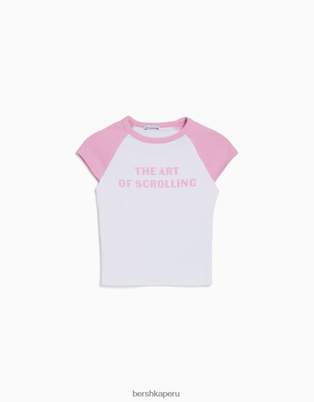 blanco Bershka mujer camiseta estampada con mangas raglán cortas 806J6B387