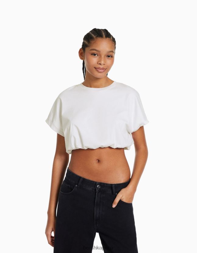 blanco Bershka mujer camiseta manga corta fruncida con elástico 806J6B380