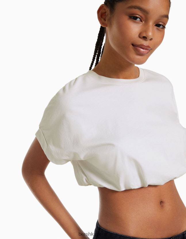 blanco Bershka mujer camiseta manga corta fruncida con elástico 806J6B380