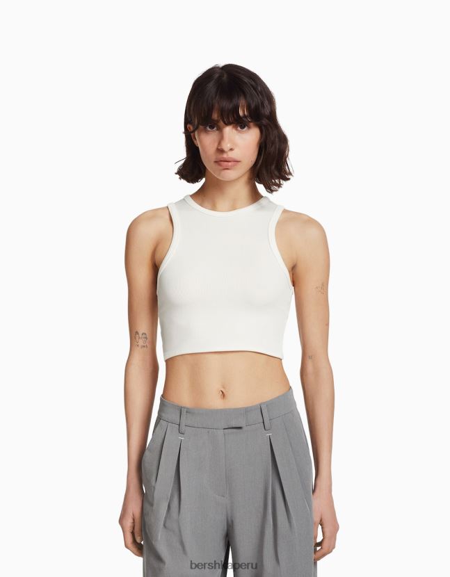 blanco Bershka mujer camiseta sin mangas con pedrería en la espalda 806J6B525