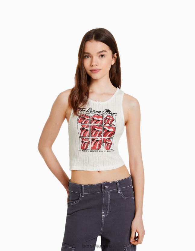 blanco Bershka mujer camiseta sin mangas de punto pointelle con estampado de piedras rodantes 806J6B628