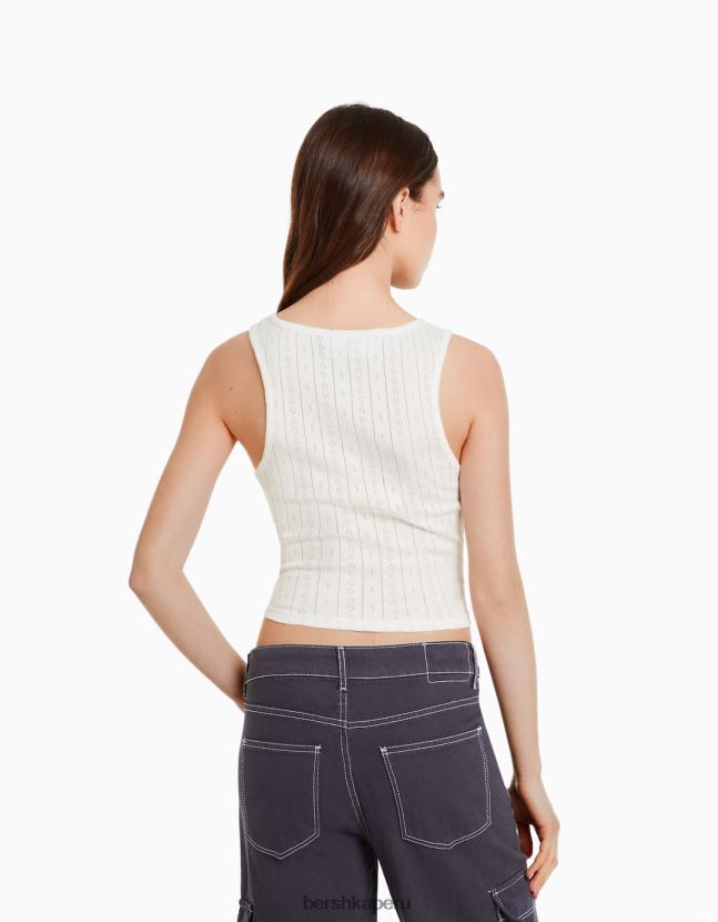 blanco Bershka mujer camiseta sin mangas de punto pointelle con estampado de piedras rodantes 806J6B628
