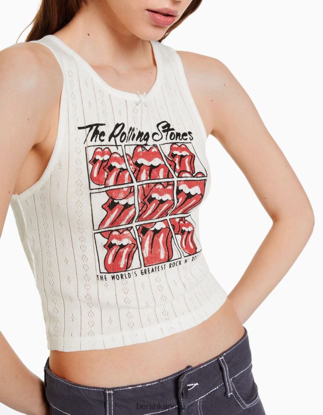 blanco Bershka mujer camiseta sin mangas de punto pointelle con estampado de piedras rodantes 806J6B628